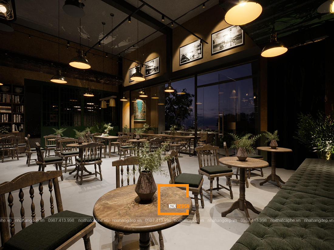 Buôn Cafe sử dụng các tông màu màu gỗ, xanh, ghi xám làm chủ đạo